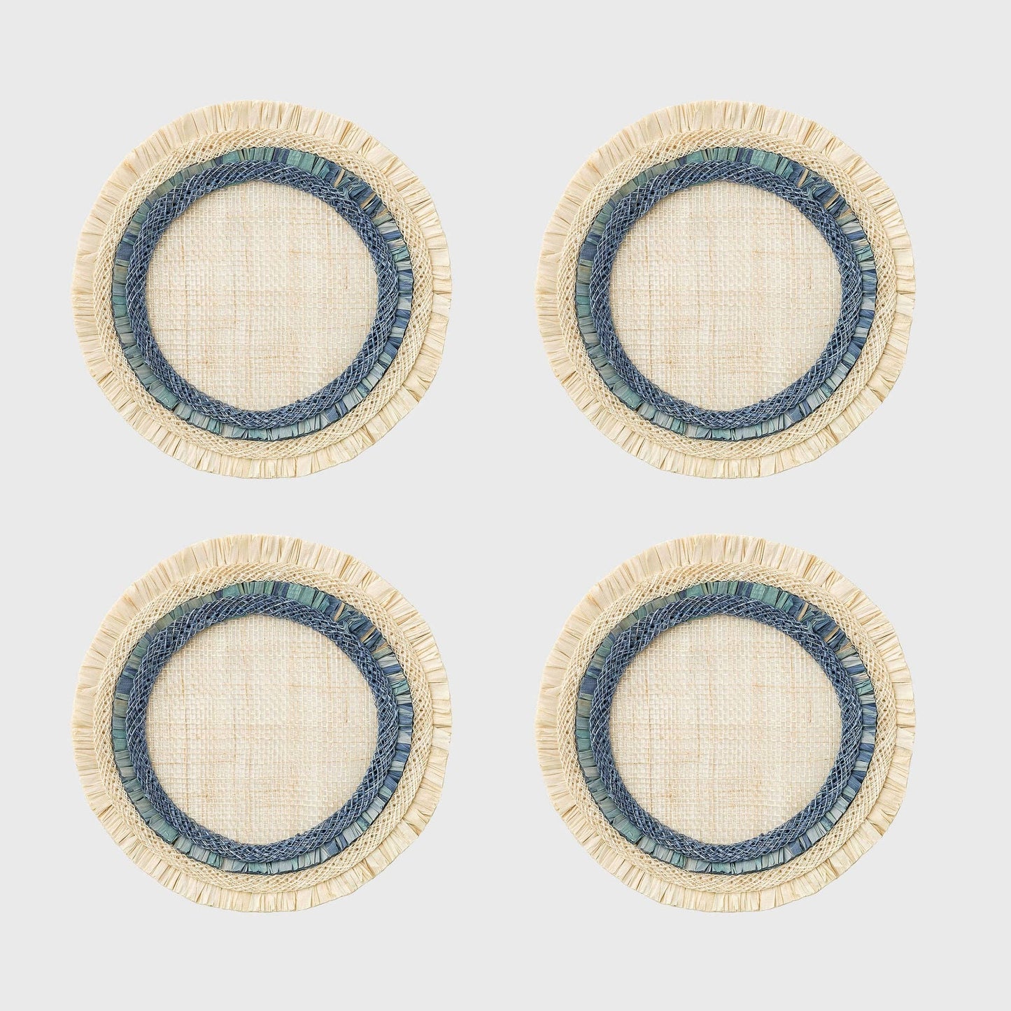 Ruffle edge straw coasters, indigo