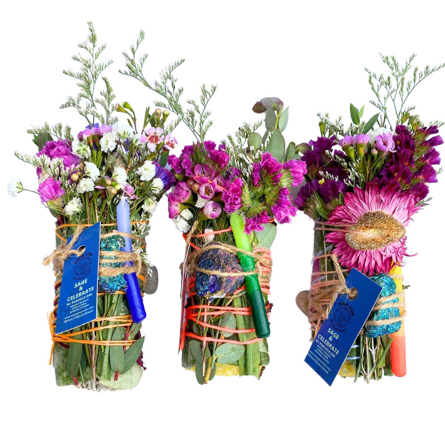 4" Sage Wands w/ Crystals: PEACOCK ORE (CELEBRATE)
