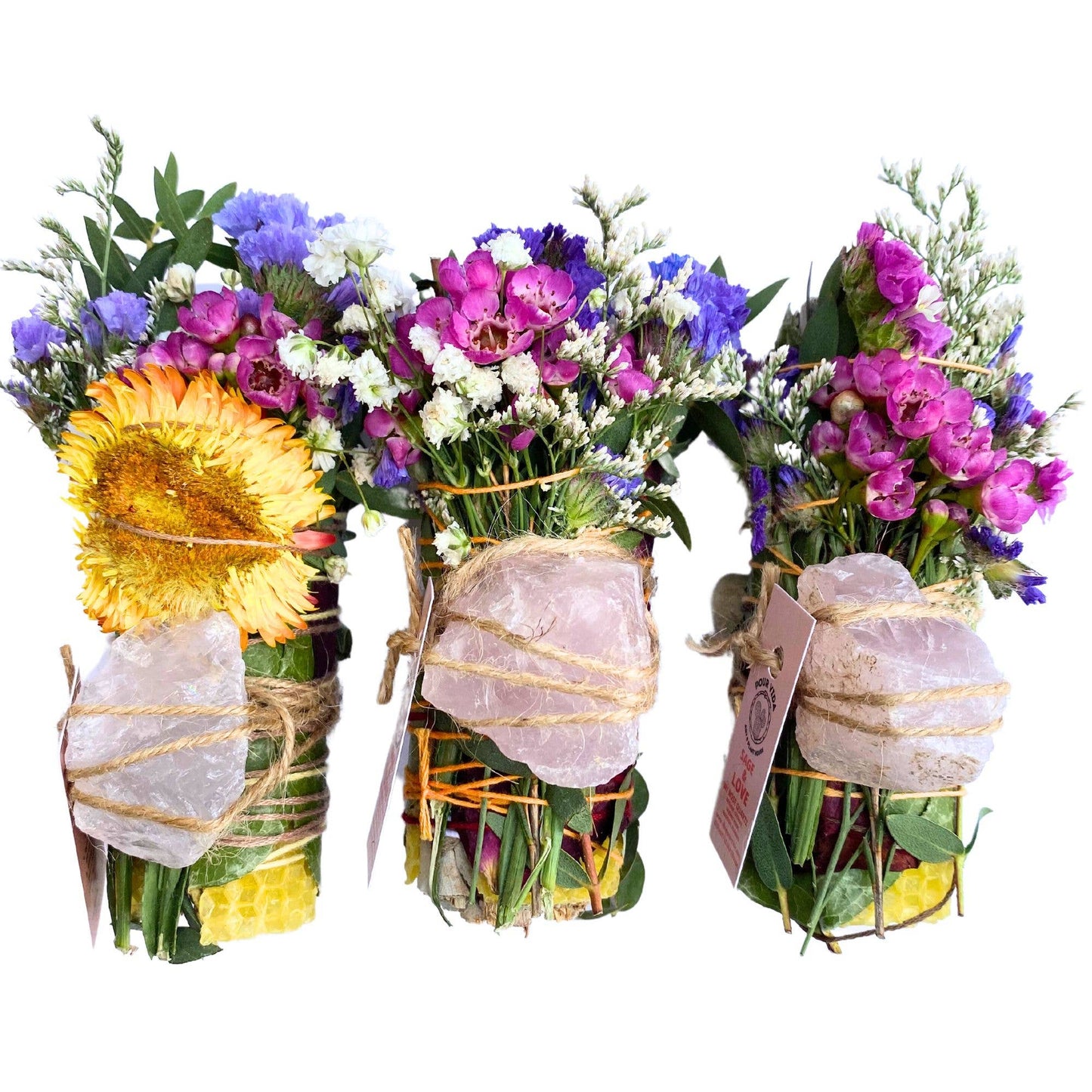 4" Sage Wands w/ Crystals: PEACOCK ORE (CELEBRATE)